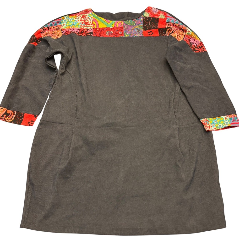 Cellabie | Womens XL | Corduroy Tunic Dress | Patchwork Paisley Grey 3/4 Sleeve